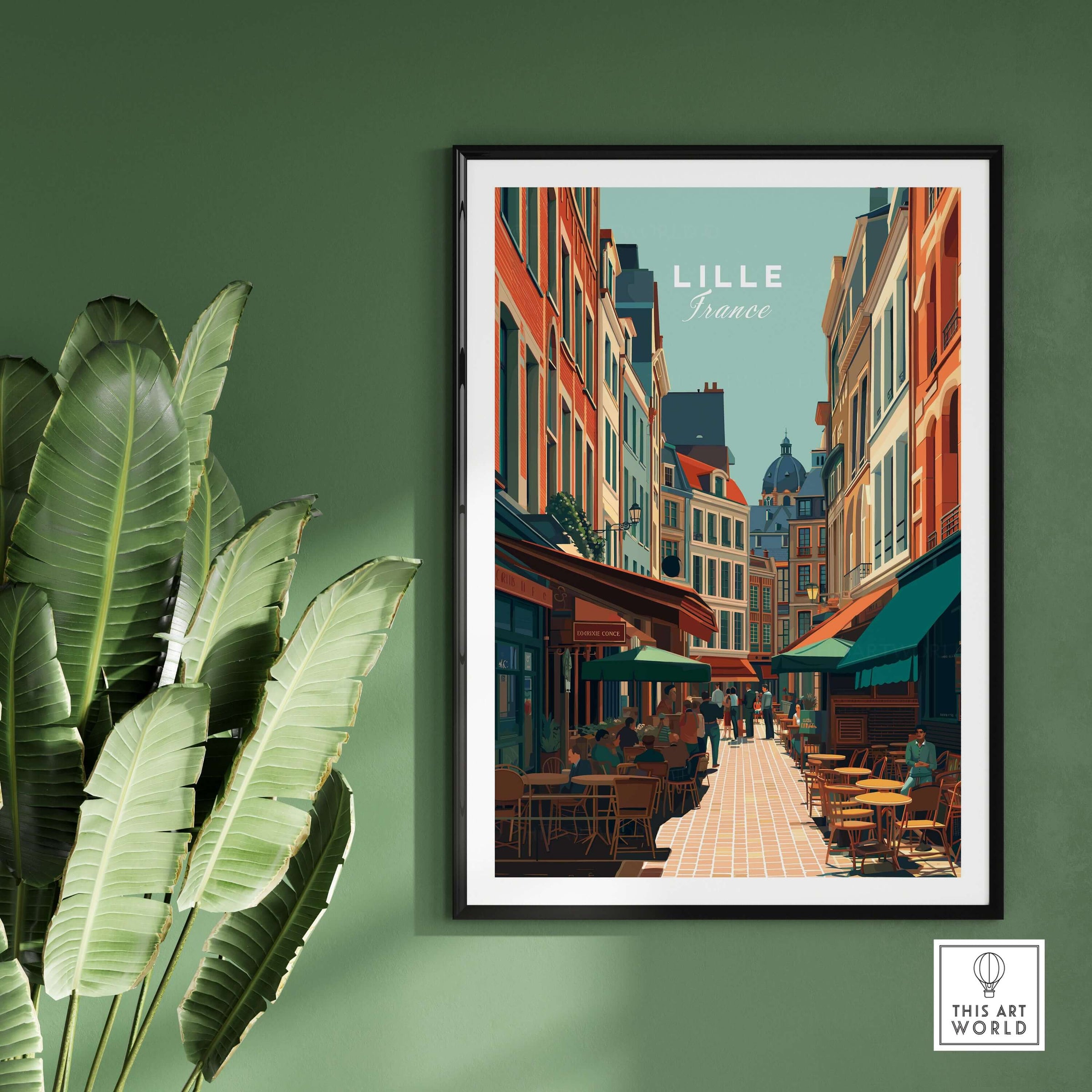 Lille France Old Town Square Poster - Charming European City Print displayed on a green wall alongside a plant.