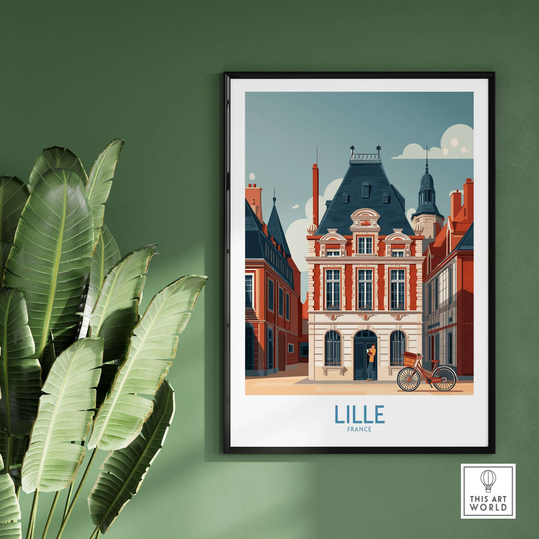 Lille France poster showcasing a charming European city scene with historic architecture and vibrant colors.