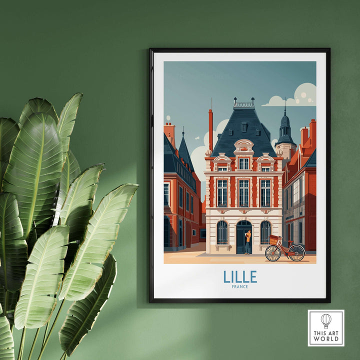 Lille France poster showcasing a charming European city scene with historic architecture and vibrant colors.