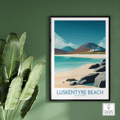 Luskentyre Beach Isle of Harris Wall Art Turquoise Water Seascape Poster - Hebridean Travel Print on a green wall.