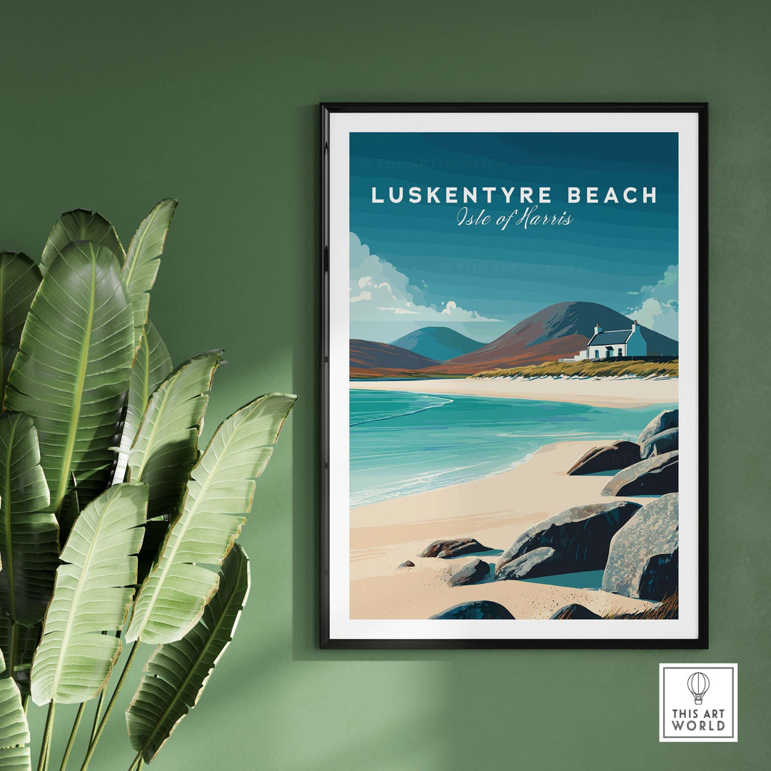 Luskentyre Beach poster showcasing white sand and tranquil waters of Isle of Harris, ideal for coastal wall art.