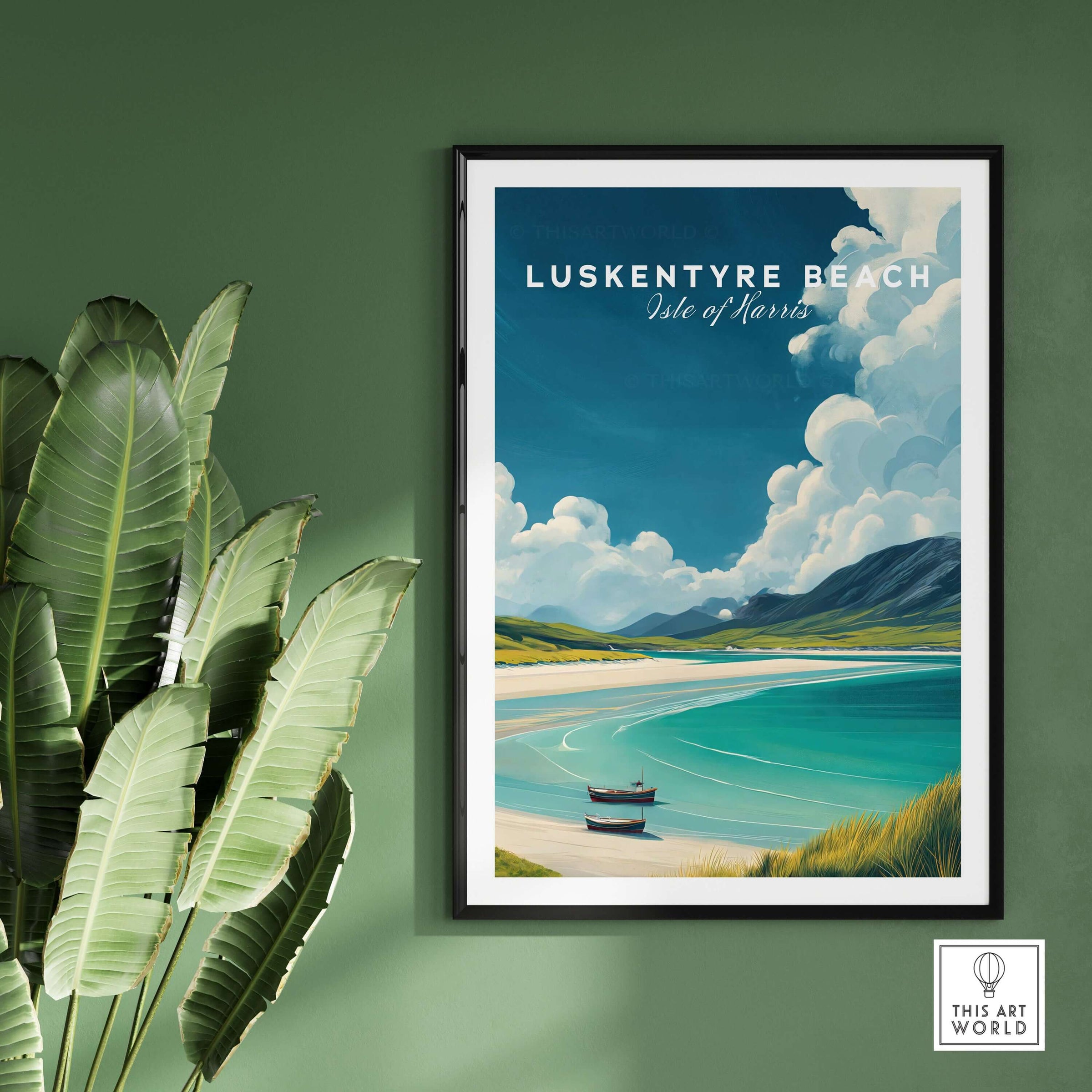 Luskentyre Beach Print Isle of Harris Print - Scottish Coastal Landscape Poster displayed with green plant backdrop.
