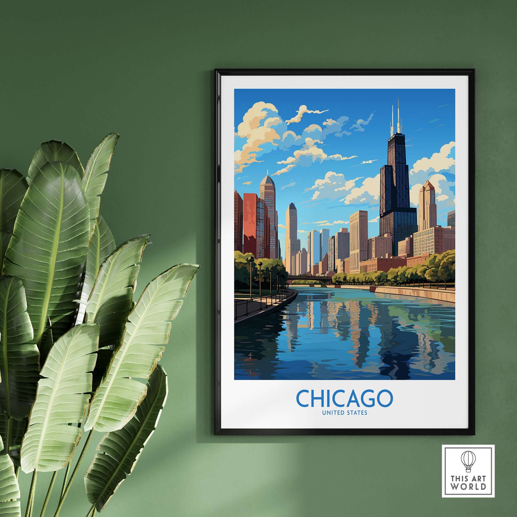 Chicago wall art print showcasing a vibrant city skyline and river, adding energy to home decor.