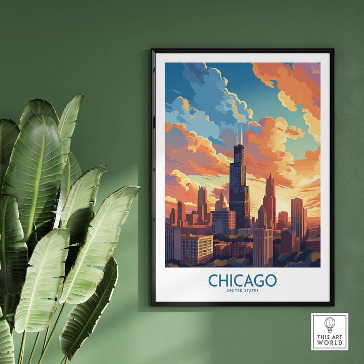 Chicago travel poster featuring a vibrant sunset over the city skyline, perfect for home decor or a gift for travelers.