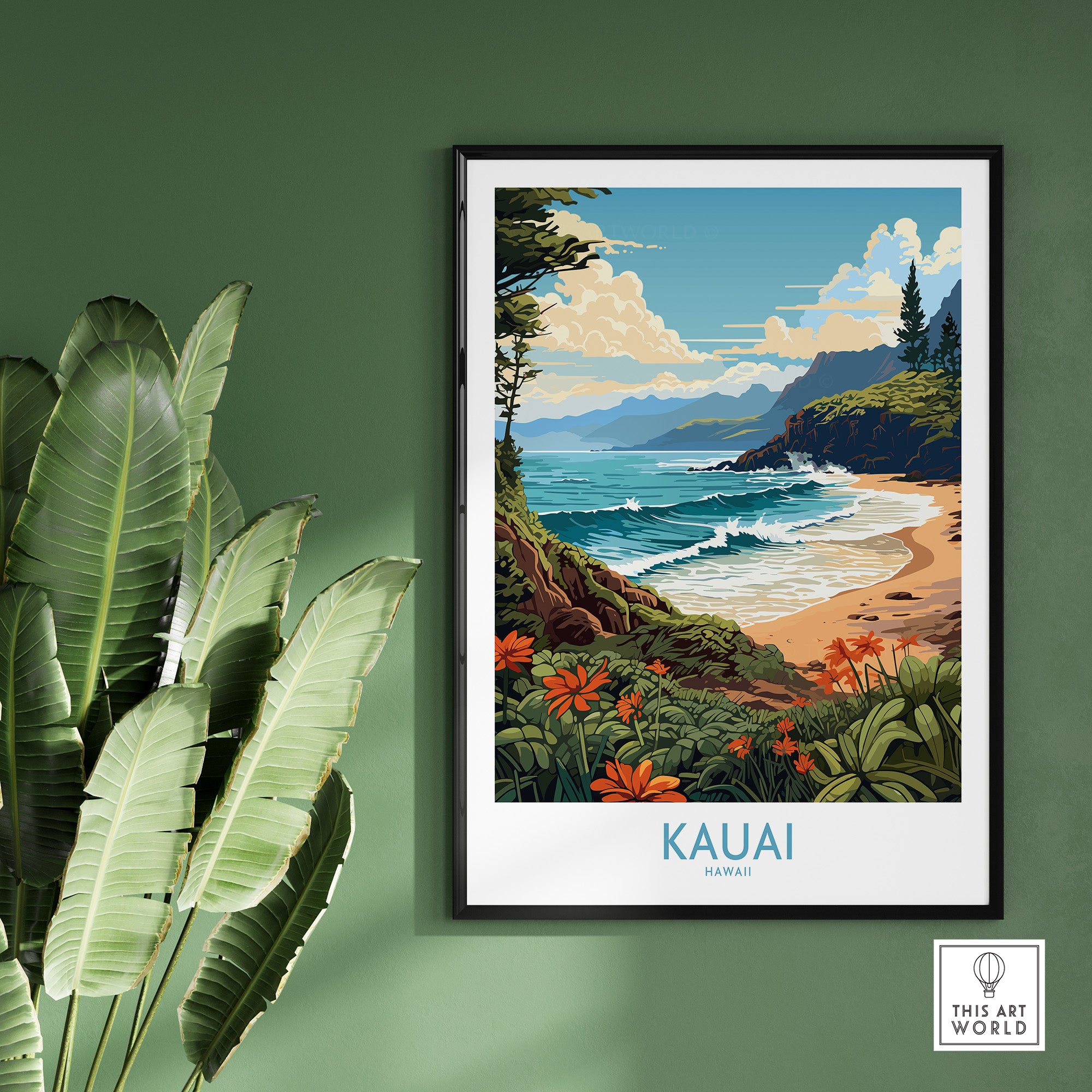 Kauai travel poster featuring vibrant beaches and lush landscapes of Hawaii, perfect for travel lovers.