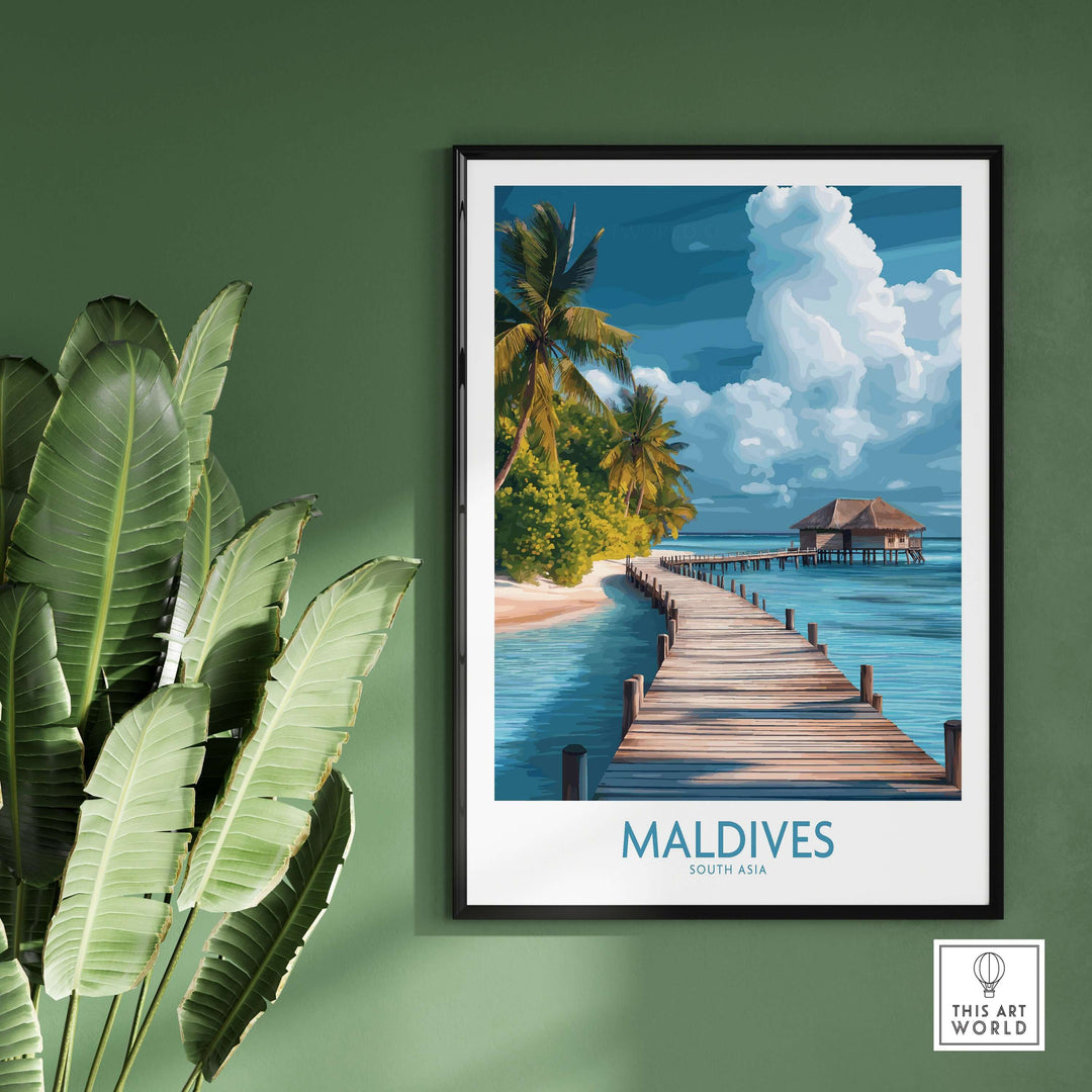 Maldives Wall Art Print - Beach featuring serene beach scenery and a wooden pier, perfect for a tropical home decor.