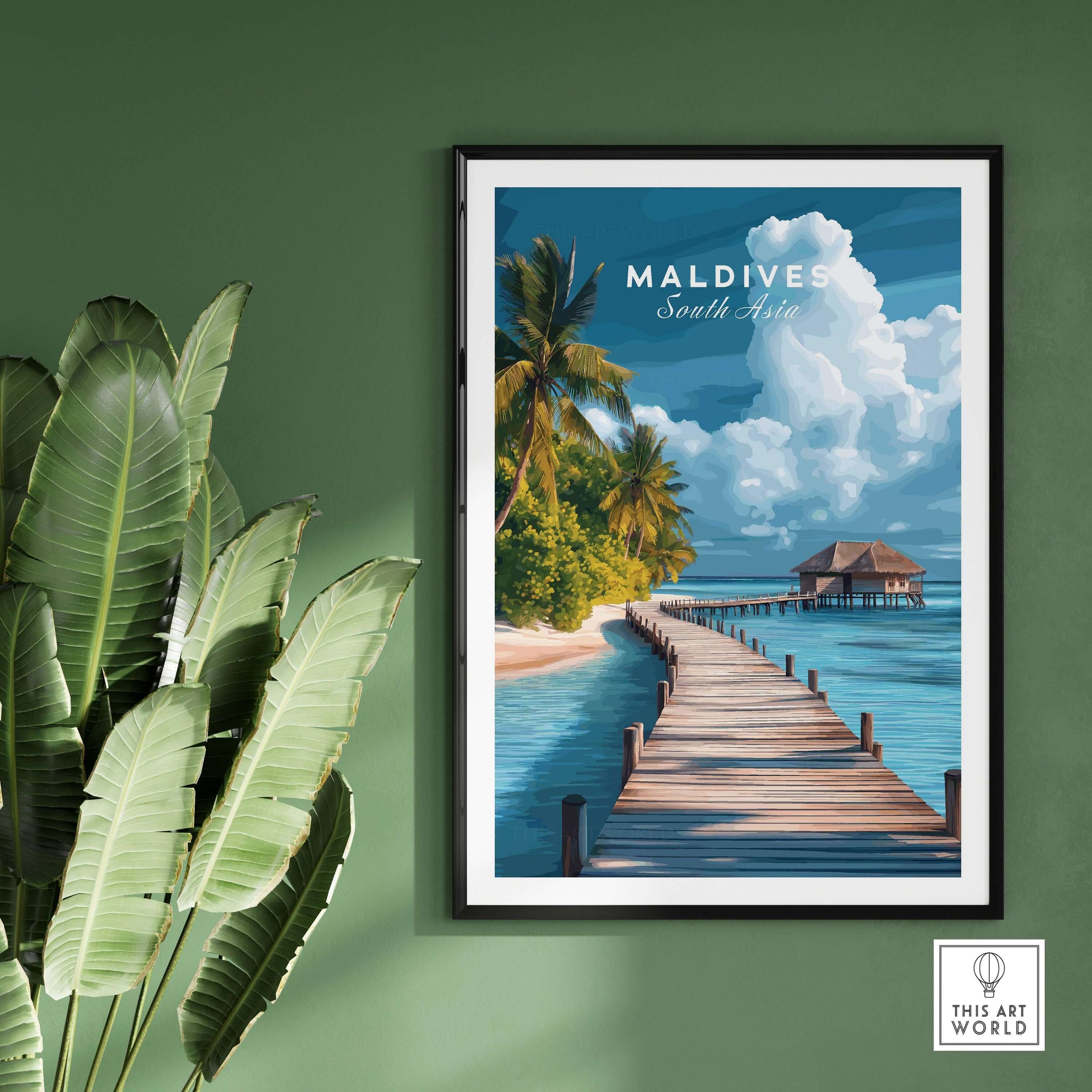 Maldives Travel Print - Beach Scene featuring a serene pier and lush palms in a vibrant tropical setting.