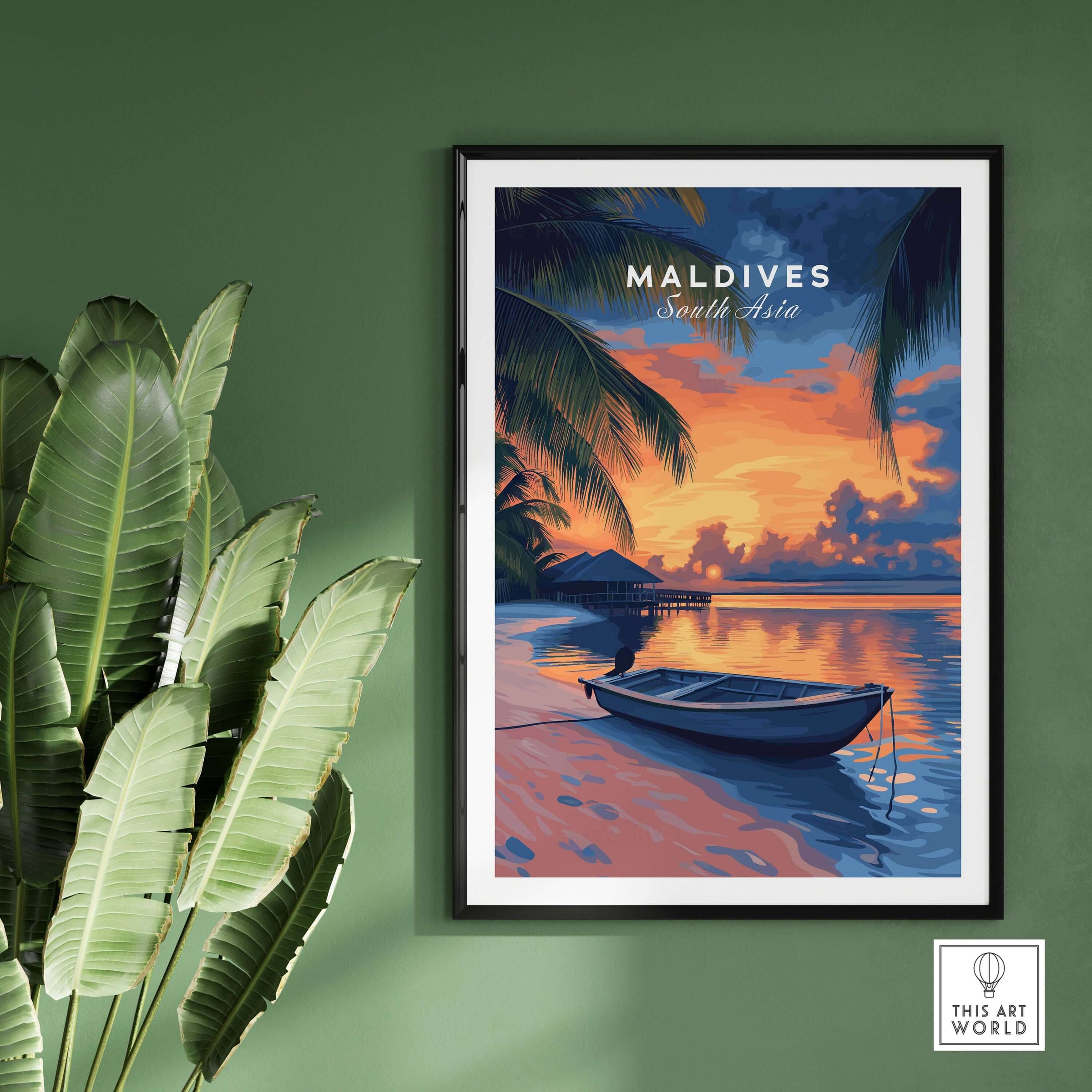 Maldives Travel Print - Sunset showcasing tropical sunset colors and palm trees in a serene setting.