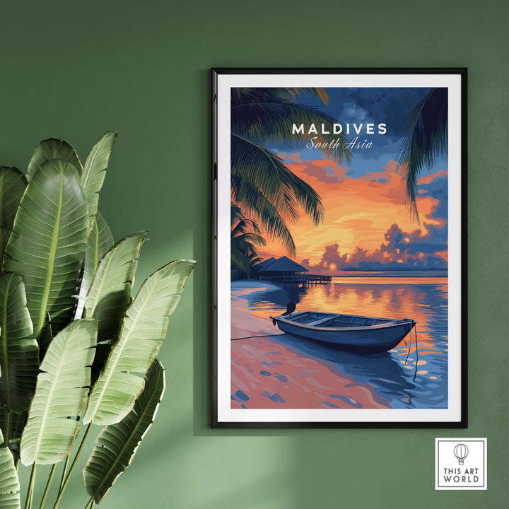 Maldives Travel Print - Sunset showcasing tropical sunset colors and serene boat scene in the Maldives, perfect for decor.
