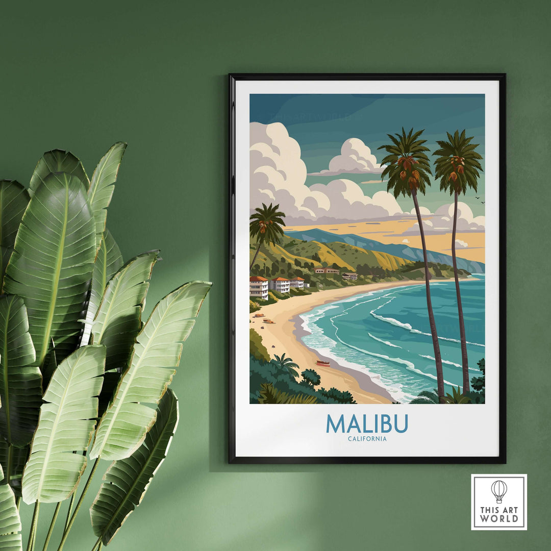 Malibu California beach poster featuring palm trees and coastal views, perfect decor for beach lovers.