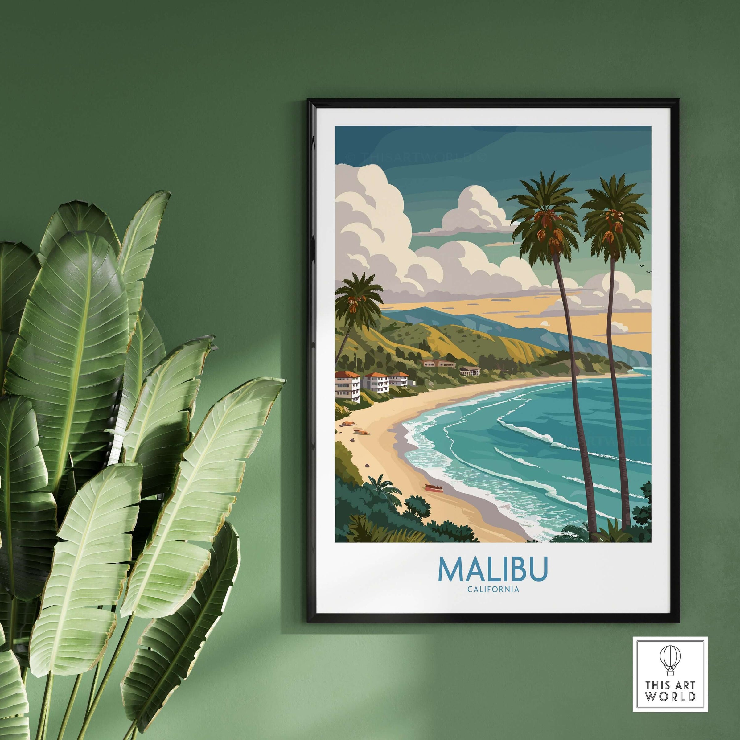 Malibu California Poster - Beach Print showcasing the stunning coastline and vibrant colors of Malibu's beaches.