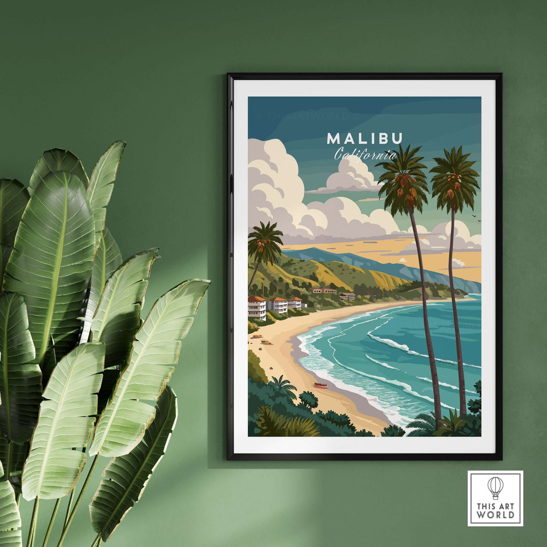 Malibu California print showcasing a beach scene with palm trees and rolling waves, perfect for coastal decor.