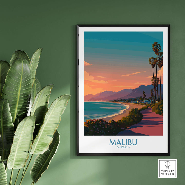 Malibu California beach sunset poster with vibrant colors and palm trees, showcasing serene coastal views.