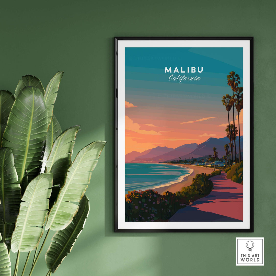 Malibu California beach sunset print showcasing vibrant colors and palm trees, perfect for coastal wall decor.
