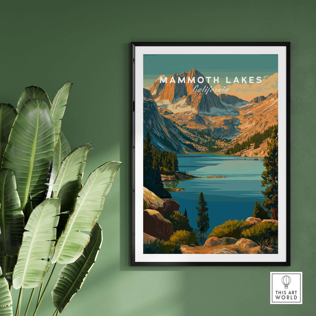 Mammoth Lakes California mountain poster showcasing rugged peaks and serene water, perfect for nature-inspired decor.