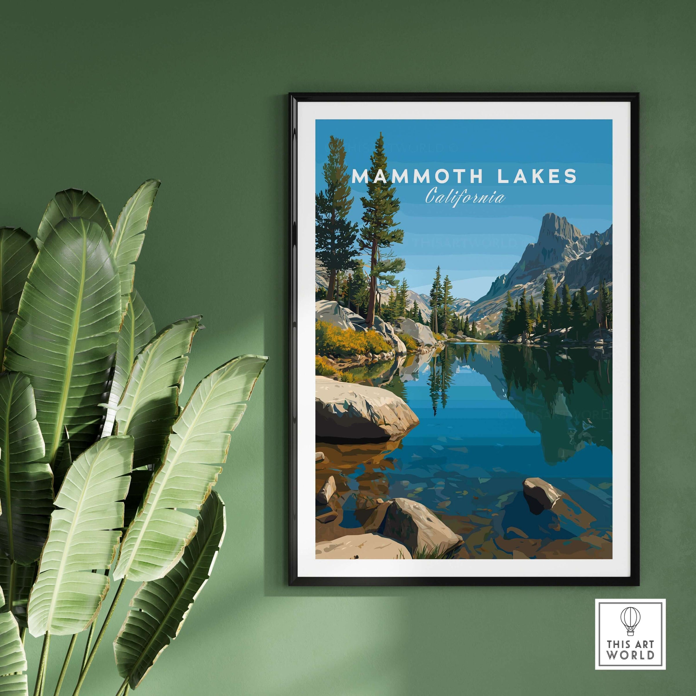 Mammoth Lakes California Poster showcasing serene lake and mountains, perfect for nature lovers and adventurers.