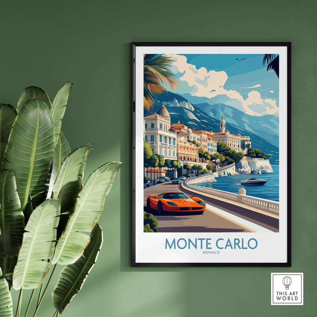 Stunning Monte Carlo wall art featuring a luxury sports car and the beautiful Mediterranean coastline.