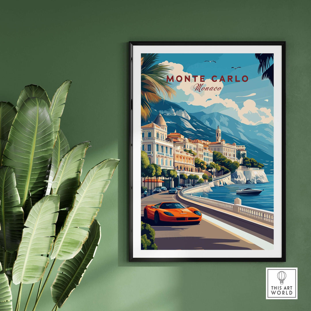 Monte Carlo print poster featuring luxury coastal scenery of Monaco with sports car and palm trees on green wall.