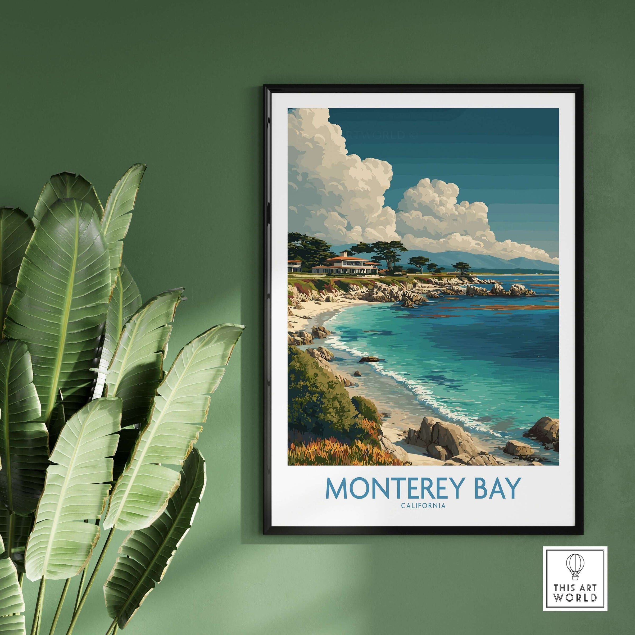 Monterey Bay California Poster - California Travel Print showcasing stunning coastal views and marine life.