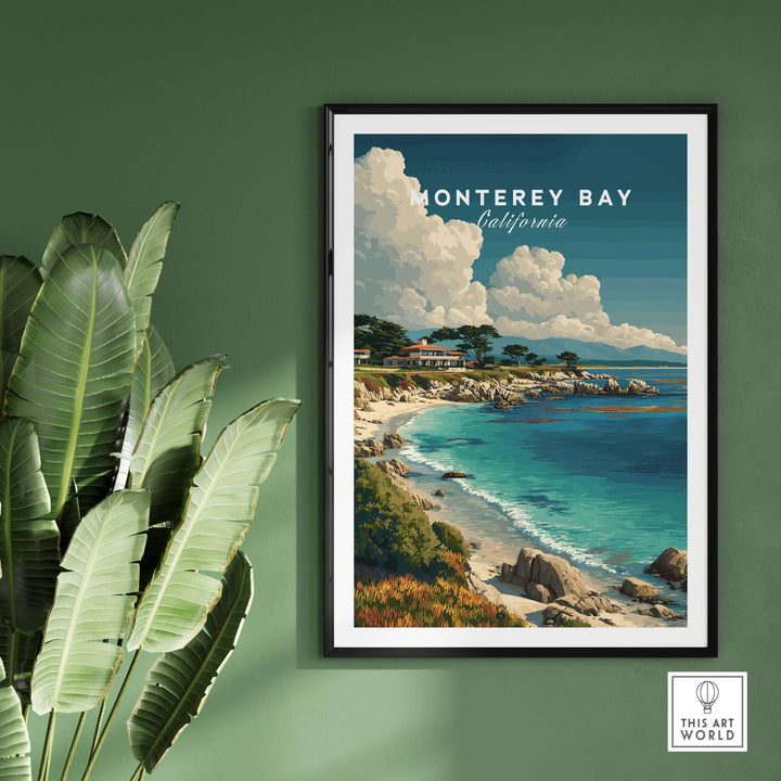 Monterey Bay California coastal beach print showcasing the Pacific Ocean and serene shoreline, framed on green wall.