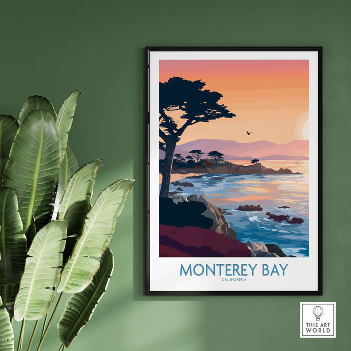 Monterey Bay California sunset poster featuring cypress trees, showcasing coastal beauty and warm hues.