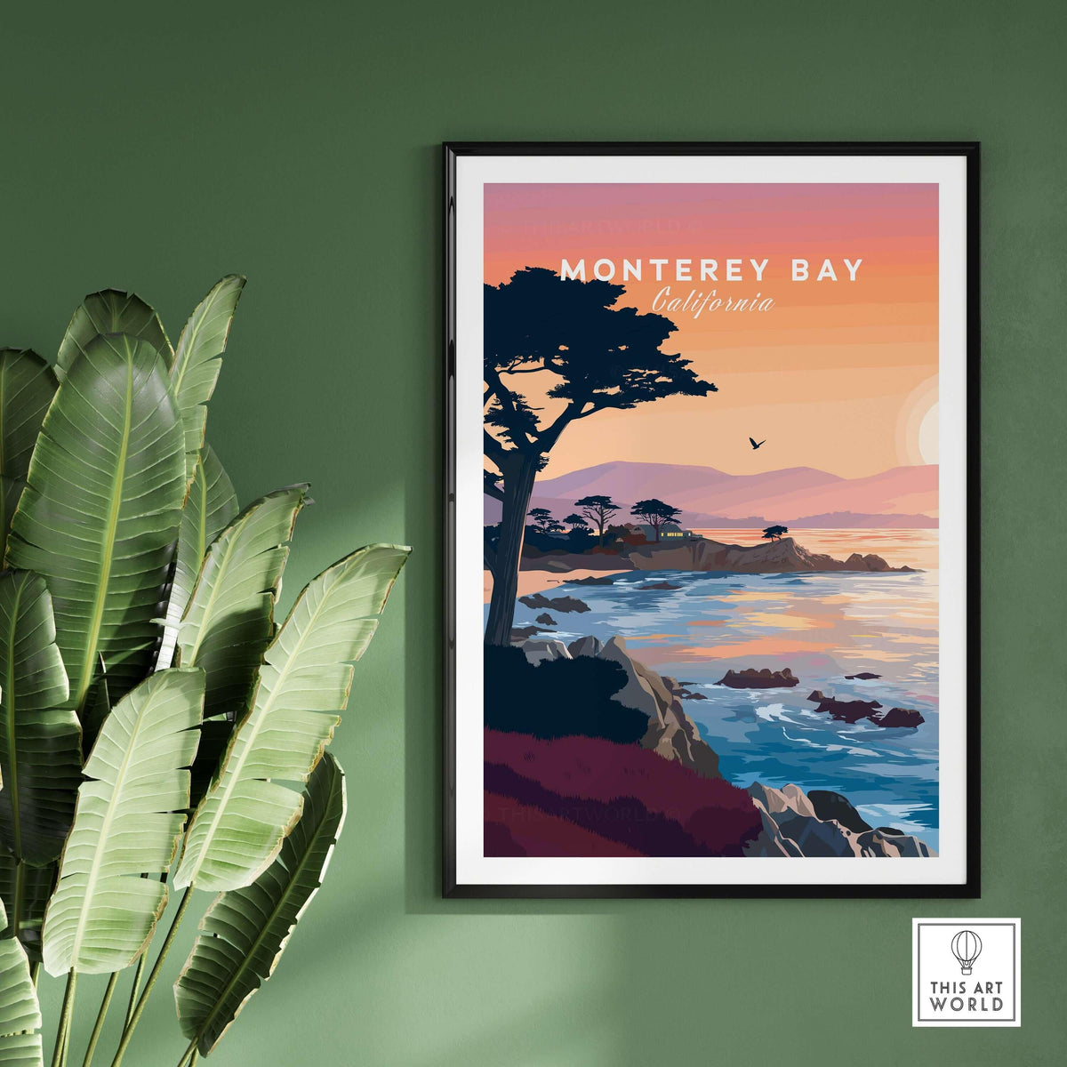 Monterey Bay California Sunset Coastline Poster - Cypress Tree Wall Art showcasing vibrant sunset over coastline with cypress trees.