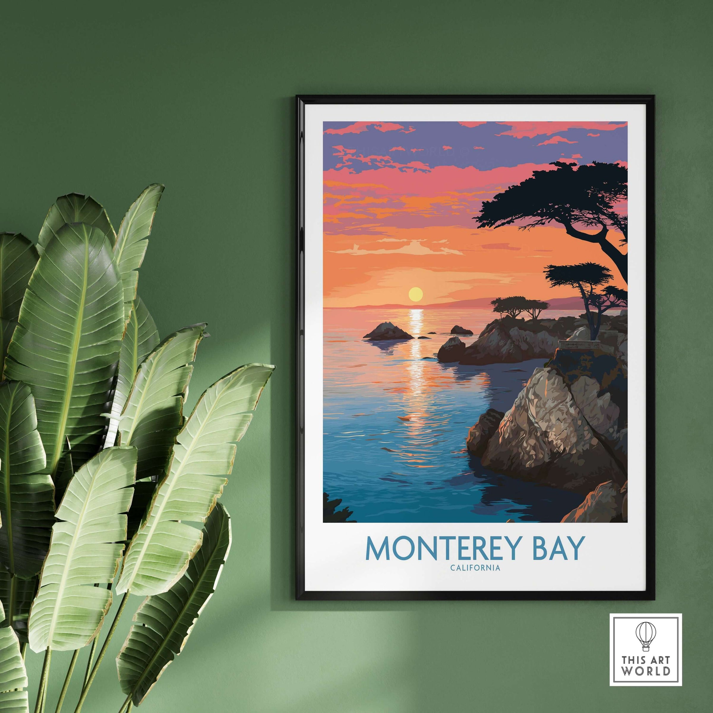 Monterey Bay Poster California Coastal Decor showcasing ocean views and sunset on a green wall.