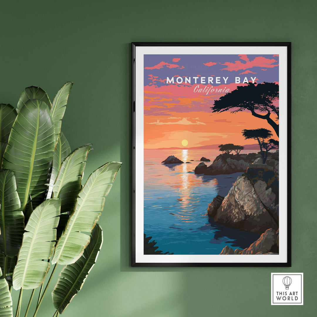Monterey Bay print showcasing sunset over Pacific Grove coastline, elegantly framed on green wall.