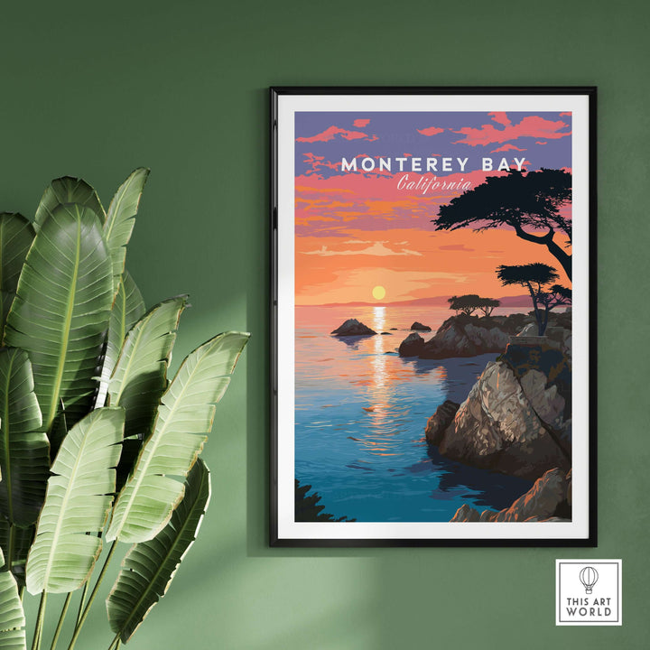 Monterey Bay print showcasing sunset over Pacific Grove coastline, elegantly framed on green wall.