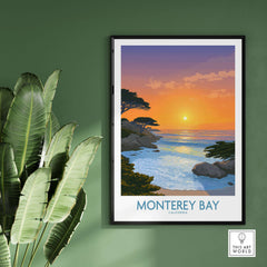 Monterey Bay California Poster - California Beach Print showcasing a sunset over the ocean with coastal trees.