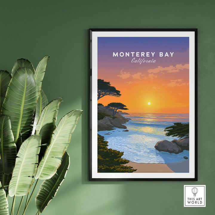 Monterey Bay California print featuring a stunning sunset over serene coastal views and vibrant colors.