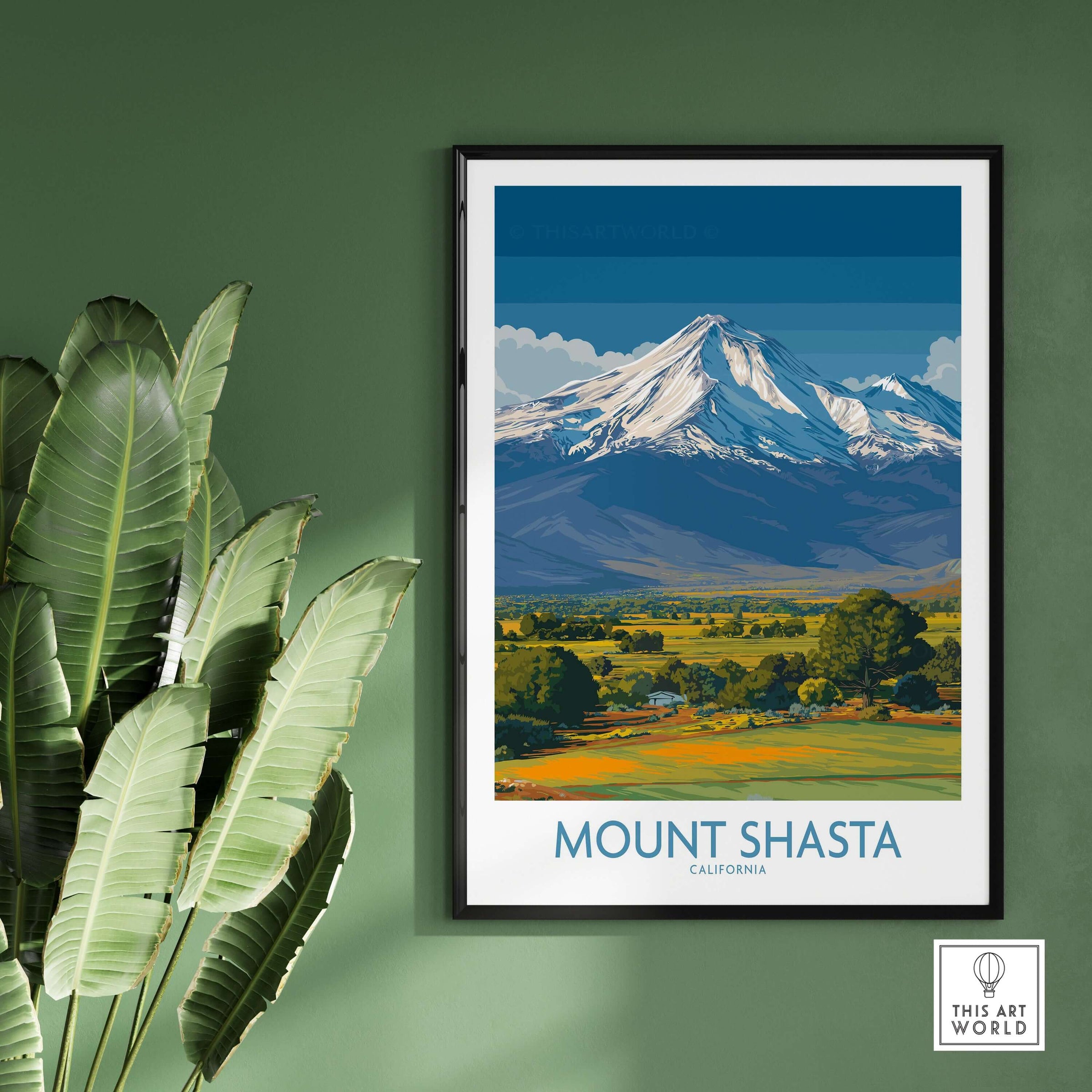 Mount Shasta California Poster featuring a vibrant depiction of Mount Shasta surrounded by lush landscapes.