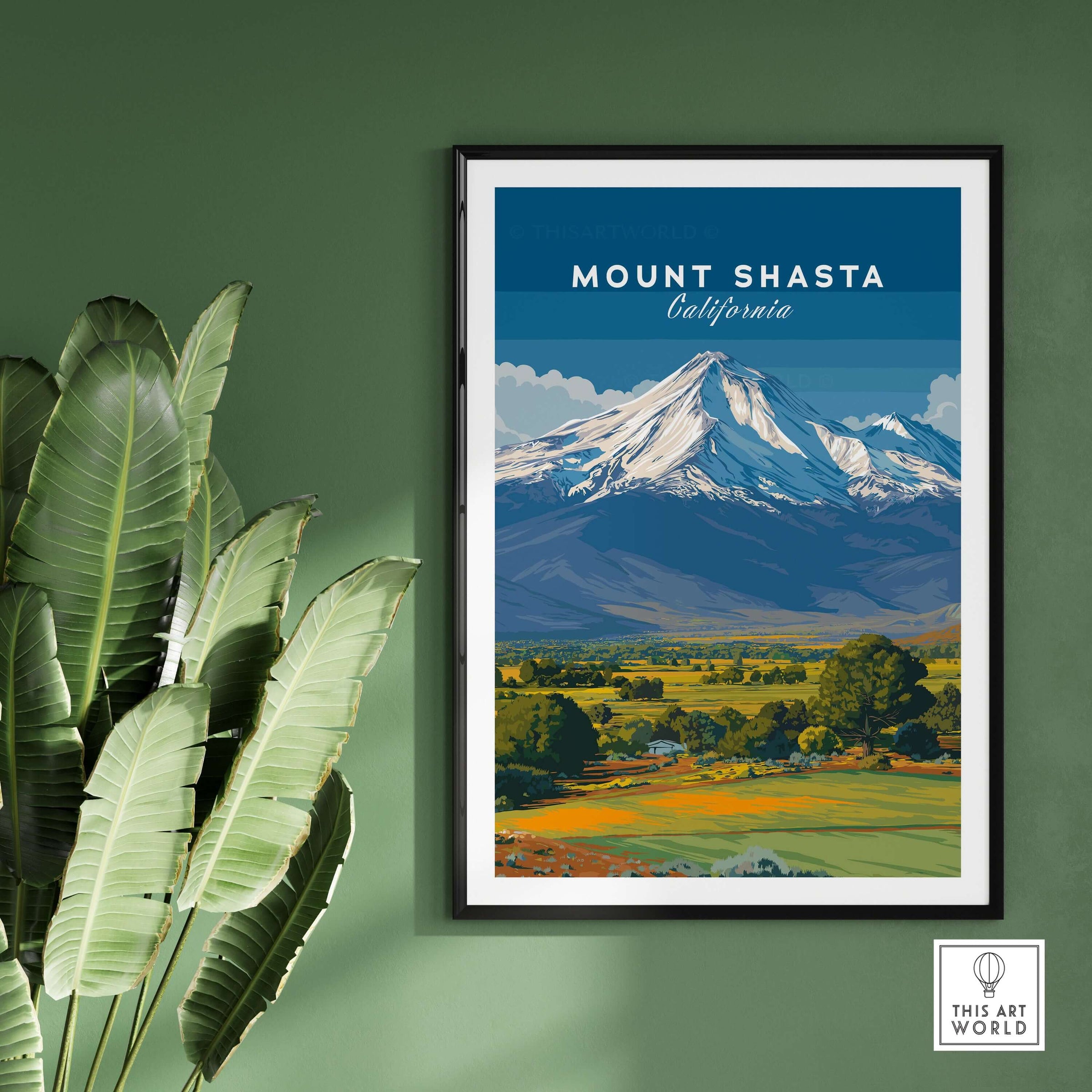 Mount Shasta California Print - Northern California Wall Art displayed in a stylish frame with greenery.