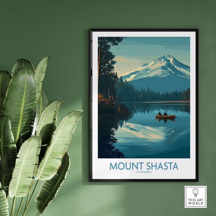 Mount Shasta poster featuring serene lake and majestic peak, ideal for nature lovers and home decor.