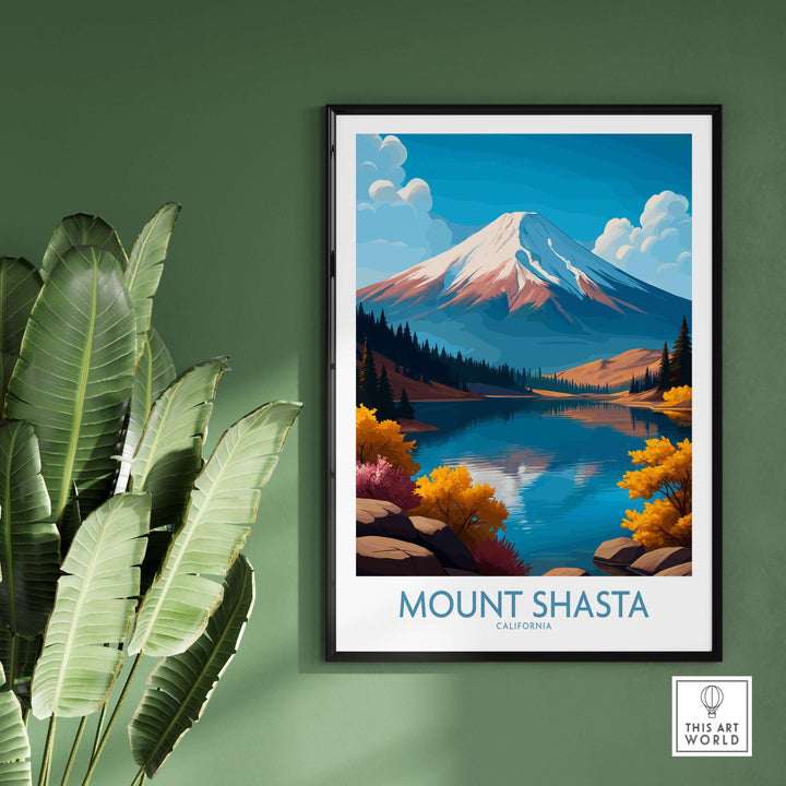 Mount Shasta wall art featuring vibrant colors of the majestic mountain and surrounding landscapes in California.