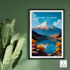 Mount Shasta Wall Art - California Travel Print showcasing a vibrant landscape with Mount Shasta and serene lake.