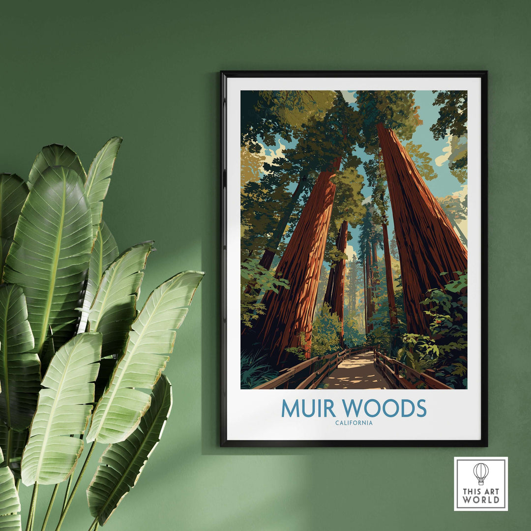 Muir Woods California National Monument poster featuring towering redwoods in a serene forest landscape.