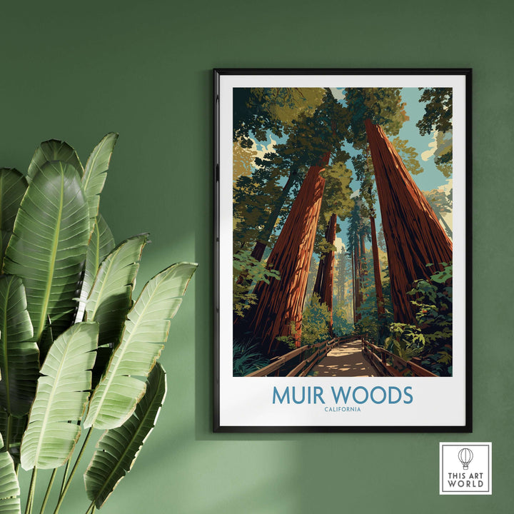 Muir Woods California National Monument poster featuring towering redwoods in a serene forest landscape.