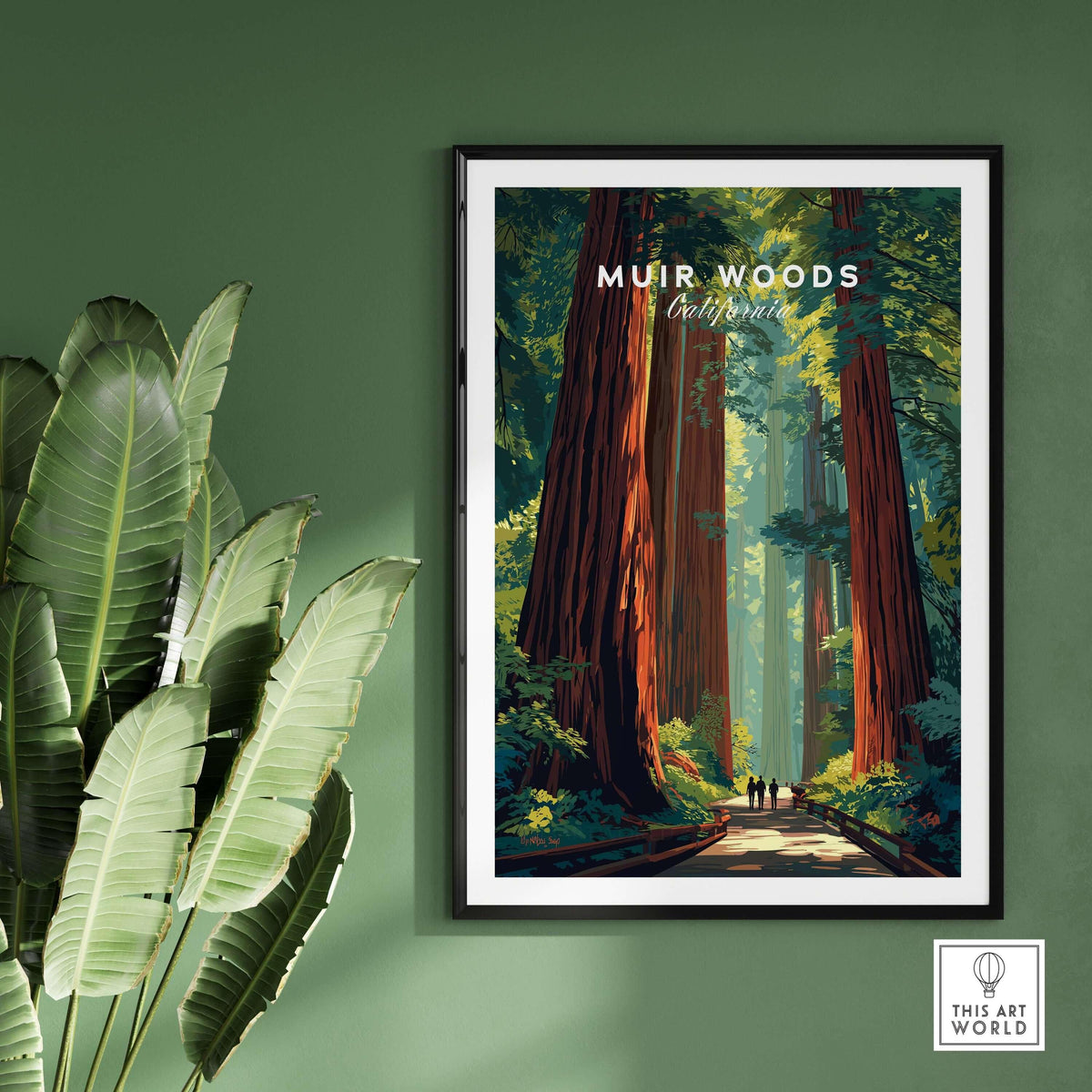 Muir Woods Poster California - Redwood Wall Art showcasing towering redwood trees and serene forest trail.
