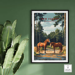 New Forest Print National Park poster featuring majestic horses in a lush forest landscape.