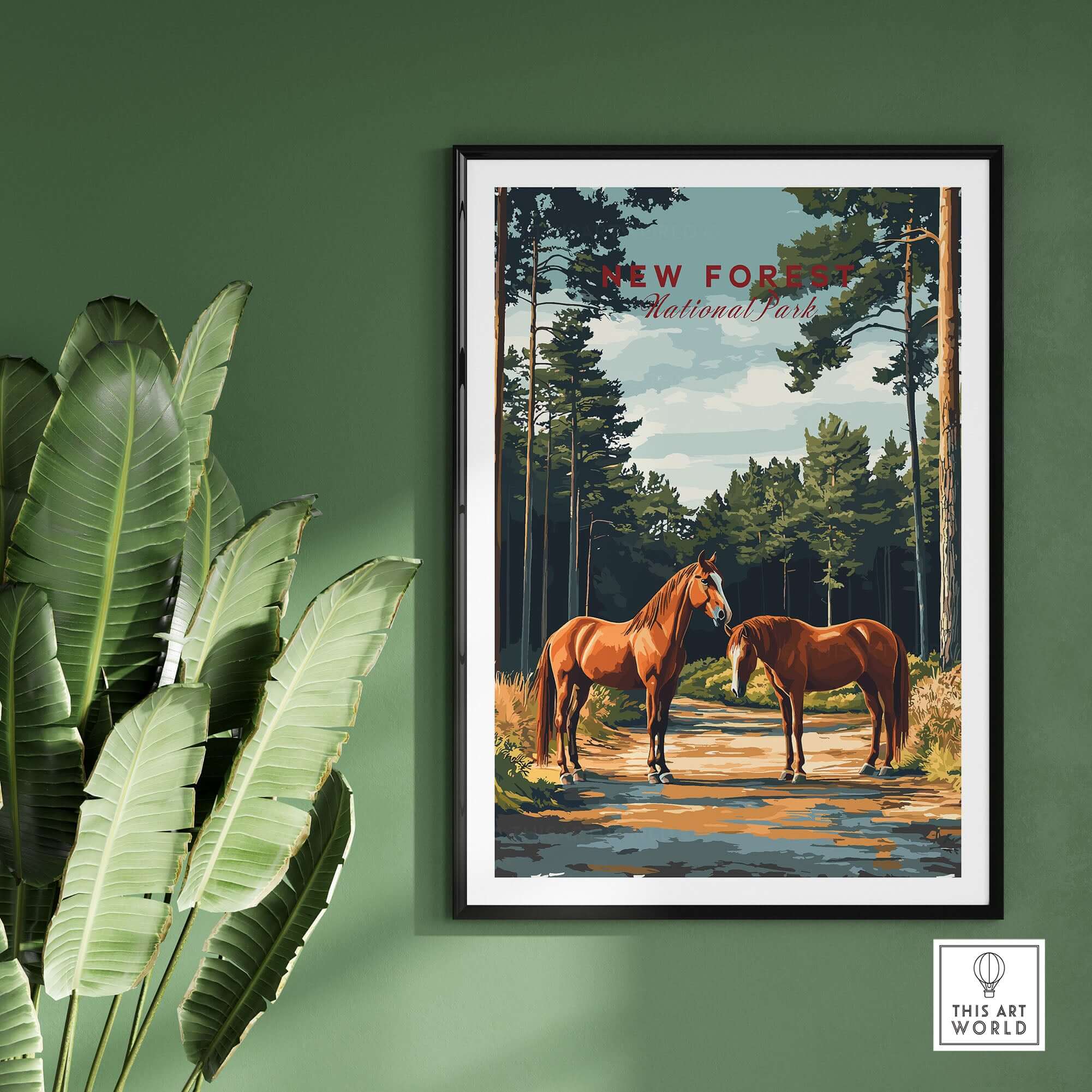 New Forest Print National Park poster featuring majestic horses in a lush forest landscape.