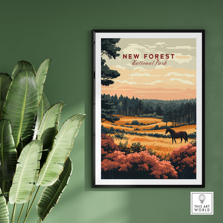 New Forest England National Park print with scenic landscape and horse, perfect for nature lovers and UK wall art decor.