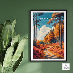 New Forest Travel Poster England showcasing a vibrant autumn landscape and serene walking path.
