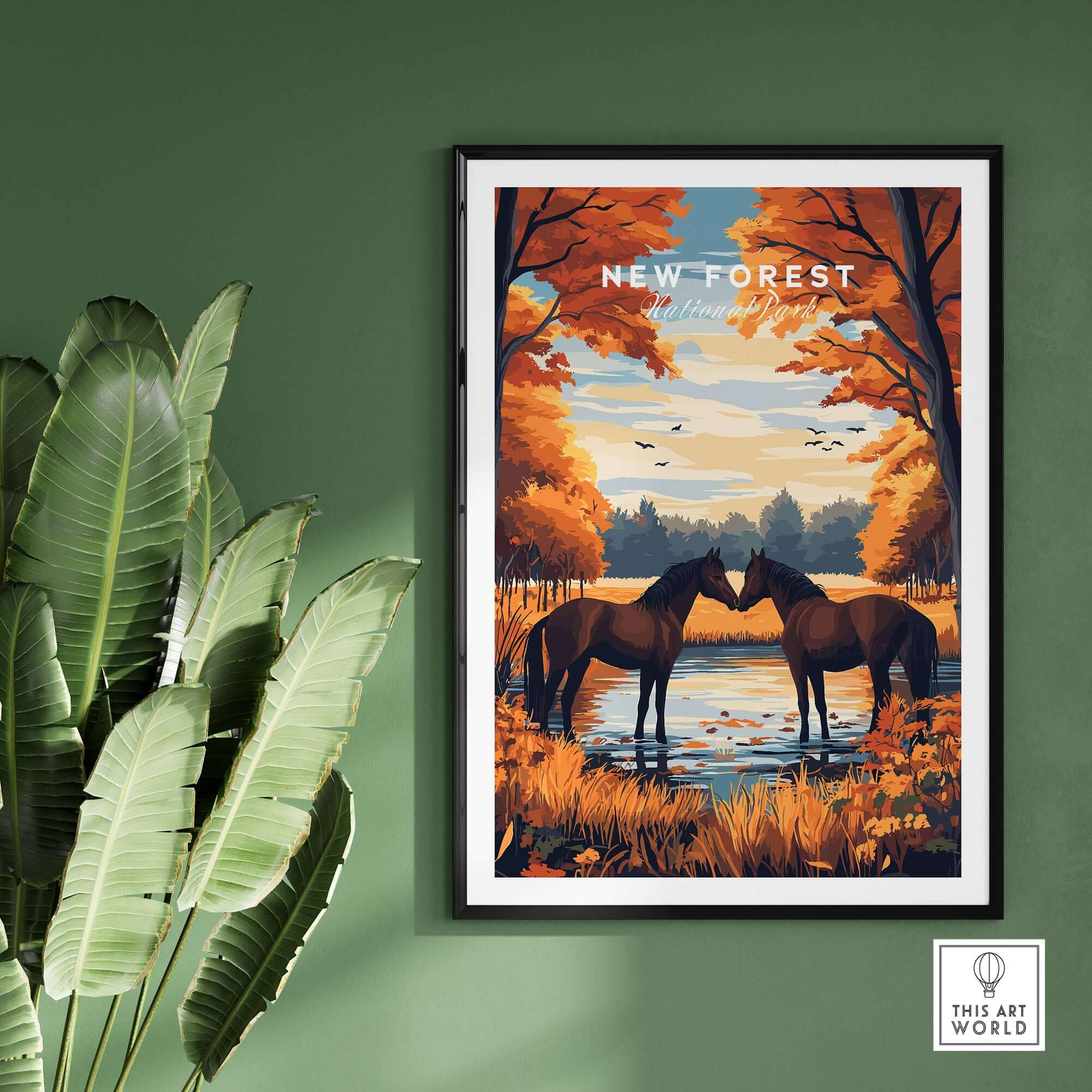 New Forest Wall Art Print featuring serene horses by a tranquil water scene surrounded by autumn trees.