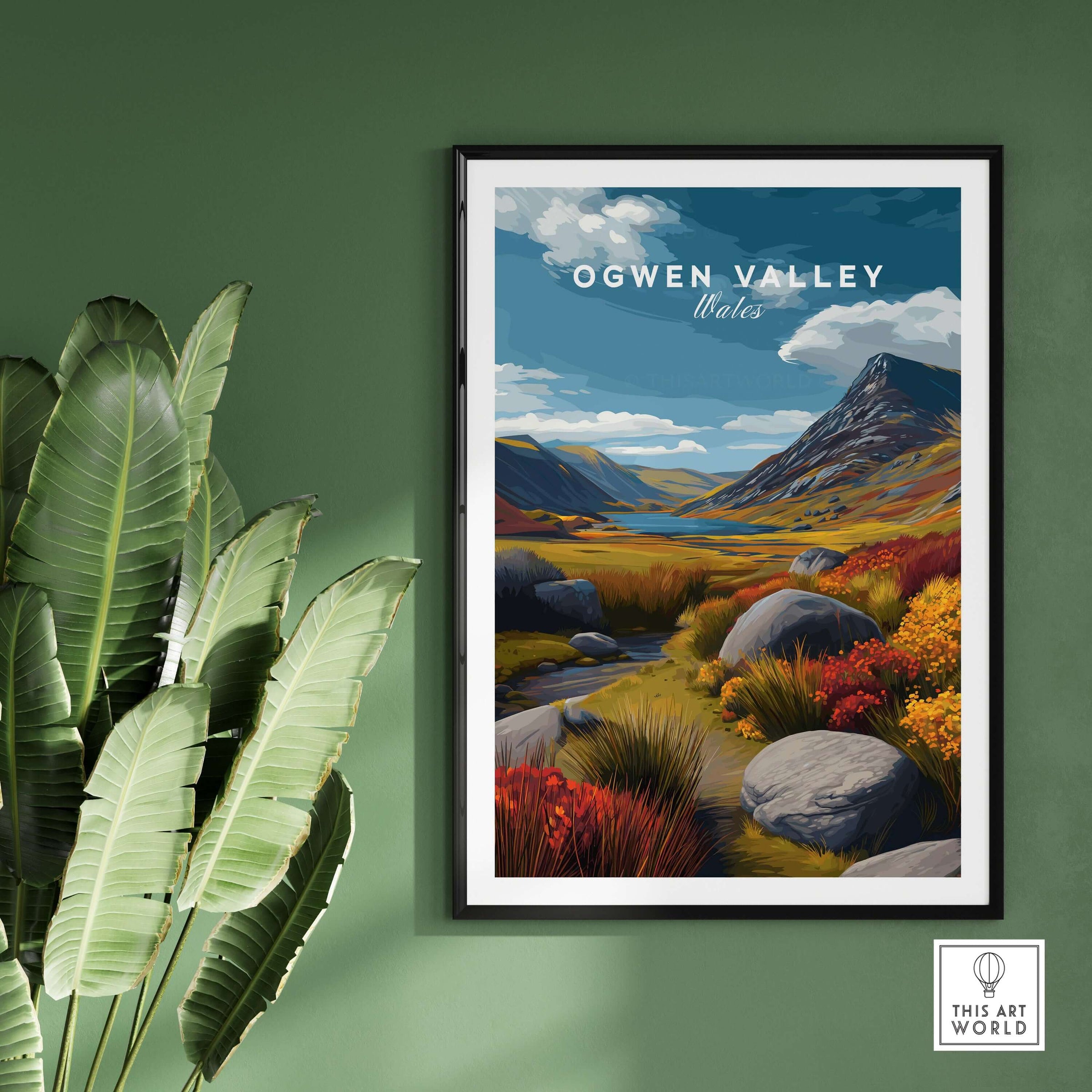 Ogwen Valley Wales Print Stream & Mountainside - Colorful Highland Landscape Poster framed on a green wall.