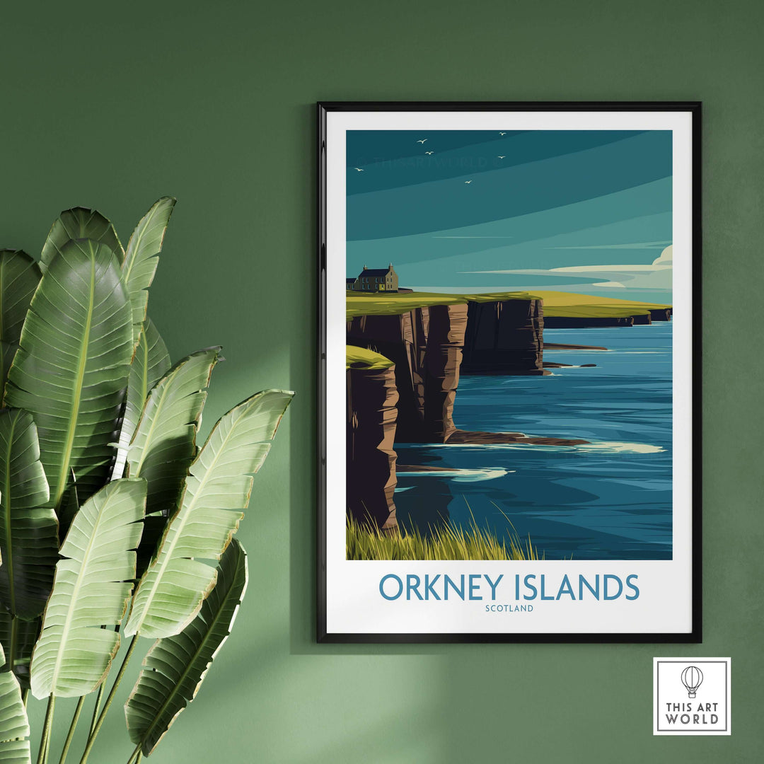 Orkney Islands Scotland wall art featuring coastal cliffs and vibrant blue waters, perfect travel decor.