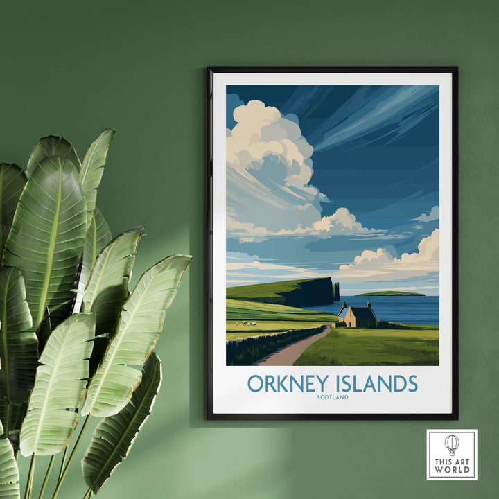 Orkney Islands wall art showcasing Scotland's rugged landscape and dramatic skies in a stylish frame.