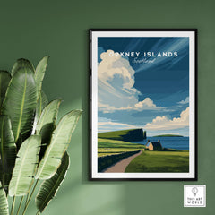 Orkney Islands Coastal Cottage Print - Green Hills Scotland Poster showcasing a scenic coastal view with lush greenery.