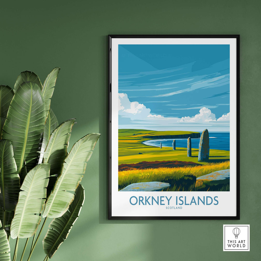 Orkney Islands Scotland prehistoric stones poster on green wall, showcasing scenic landscapes and travel decor.