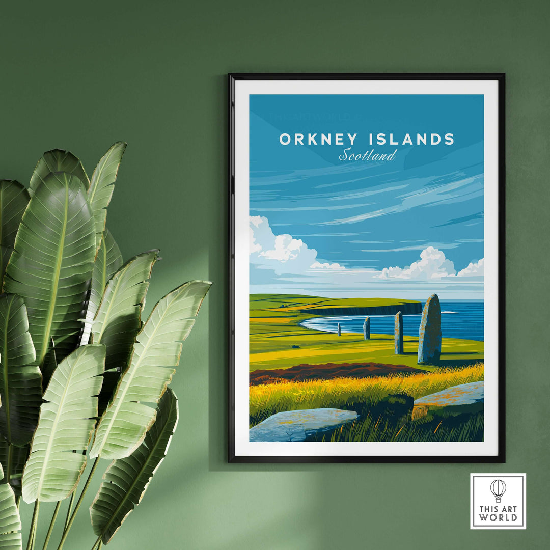 Orkney Islands Standing Stones print showcasing Scotland's ancient landscape, framed on a green wall with plants.